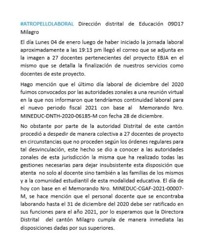 JennifferAcosta's tweet photo. #ATROPELLOLABORAL Dirección distrital 09D17 Milagro
El día Lunes 4 de enero luego de haber iniciado la jornada laboral aproximadamente a las 19:13 pm llegó el correo que se adjunta en la 2da imagen a 27 docentes pertenecientes del proyecto EBJA. @Lenin @SecretariaEC @Educacion_Ec https://t.co/MwuXgj02uL