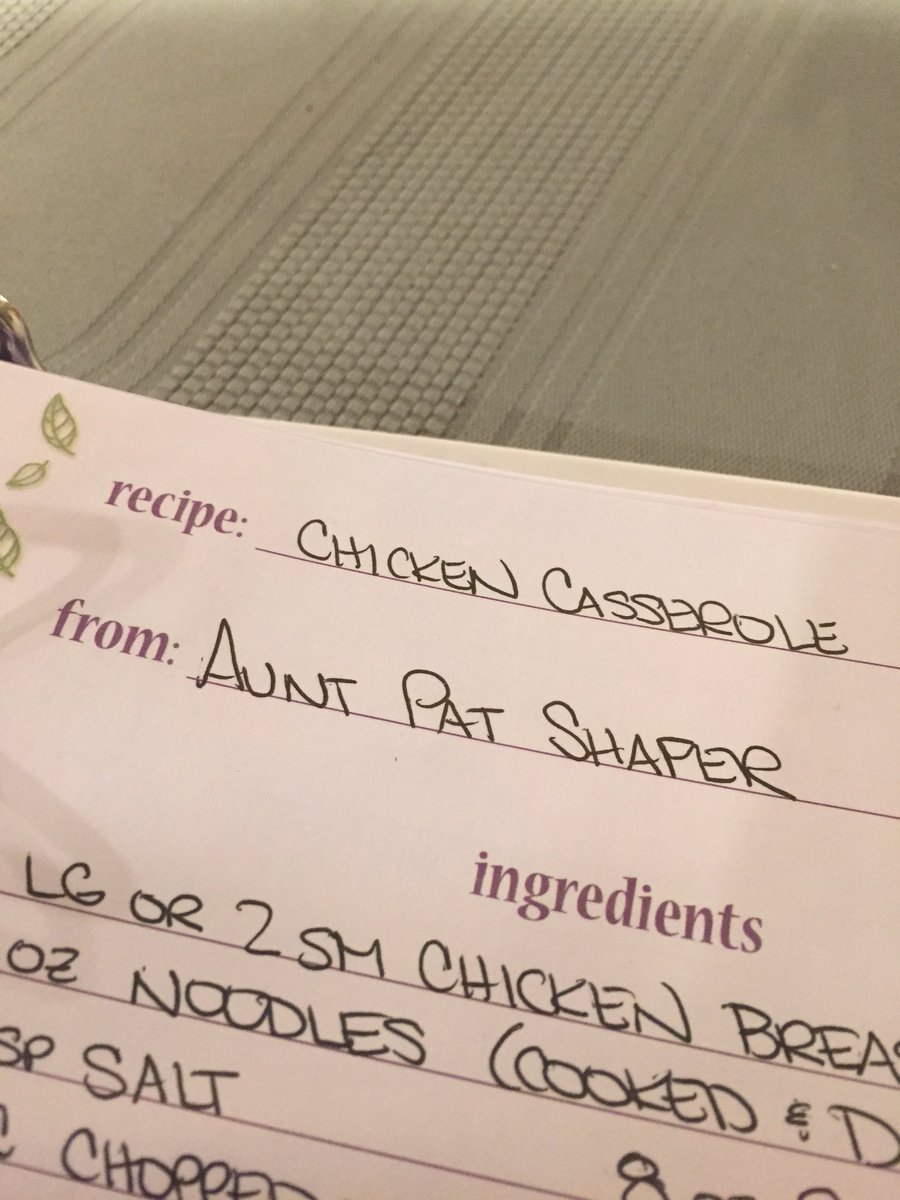delaneykay00's tweet photo. Earlier today, I went to the burial of my Aunt Pat. Jake had requested chicken casserole for dinner. When I got home and opened my recipe book to start cooking, I realized that this recipe was from Aunt Pat. So Aunt Pat, this one’s for you. I hope my cooking makes you proud💛 https://t.co/Q3ioHJozoL