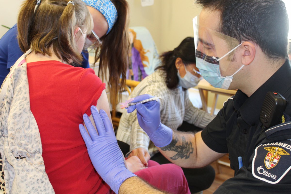 St_Pats_Home_FN's tweet photo. Today, there was EXCITEMENT and HOPE in the air as five strike teams - coordinated by Ottawa Public Health and supported by Ottawa Paramedic Services and the nursing staff of St. Pat's - delivered the first of two Pfizer vaccine doses to 96% of our residents. 1/2 https://t.co/dT3rrbU4YB