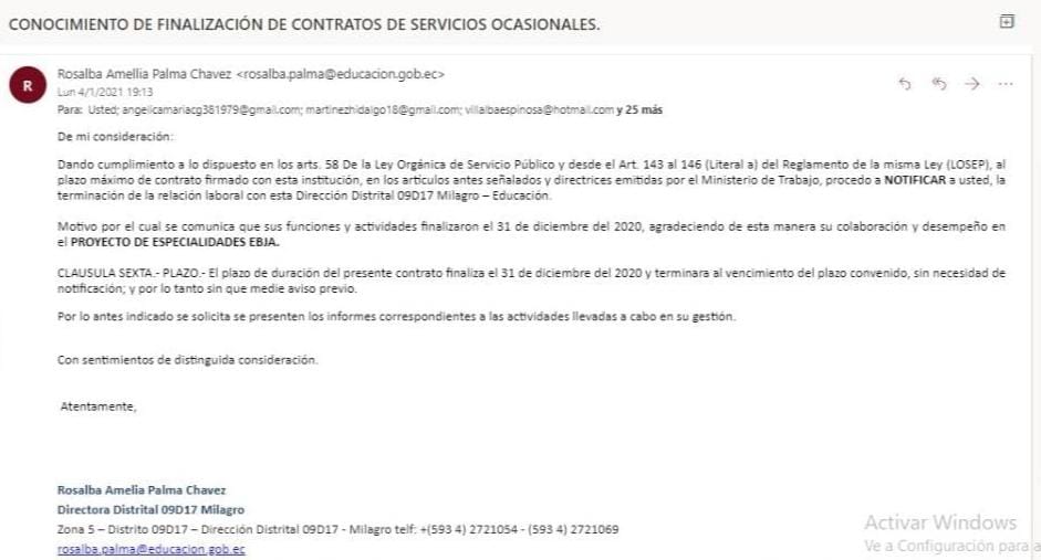 JennifferAcosta's tweet photo. @marcelaguinaga #ATROPELLOLABORAL Dirección distrital 09D17 Milagro
El día Lunes 4 de enero luego de haber iniciado la jornada laboral aproximadamente a las 19:13 pm llegó el correo que se adjunta en la 2da imagen a 27 docentes pertenecientes del proyecto EBJA. https://t.co/BIvVs0Due6