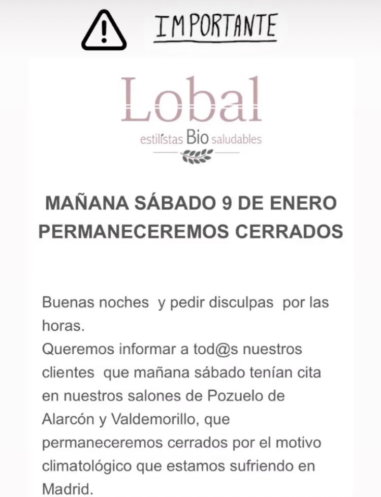 Cierre de nuestros establecimientos. Mañana 9 de enero 2021 sábado. Nevadas en Madrid
