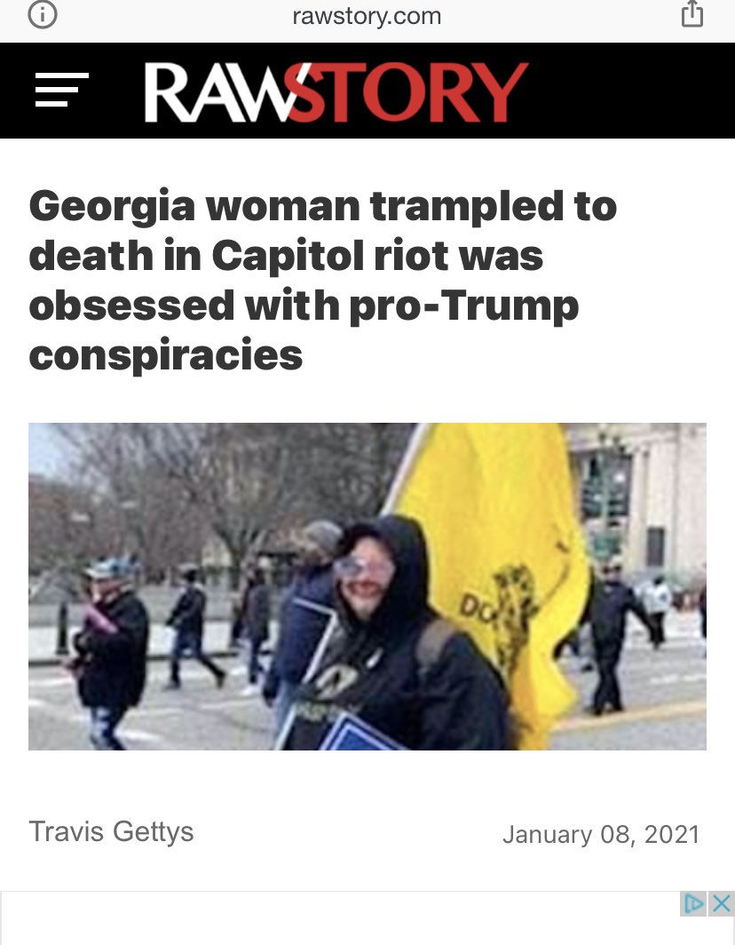 MrRedComet's tweet photo. This woman was trampled to death while storming the capitol. That’s a don’t tread on me flag she’s carrying..... I’ll just leave this here https://t.co/htVInZS4DL