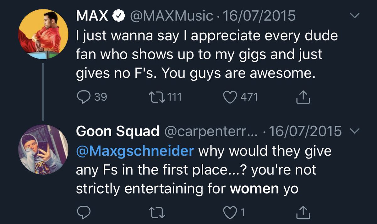 Max loves to see “dude fans” at his concerts, this might be because he sees female fans as lesser than and that male fans validate his music.