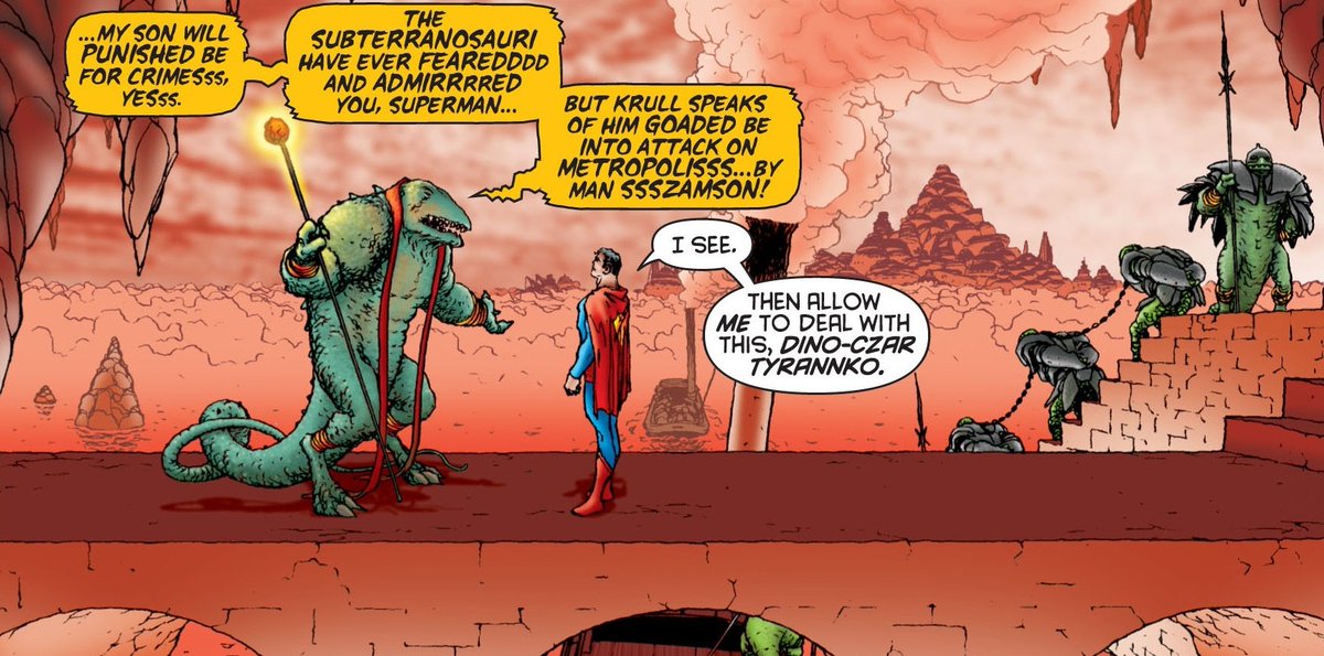 The Dino-Czar's line is interesting too. I don't think the takeaway is that Clark goes out of his way to intimate these people, but that different societies interpret symbols in different ways. So one that's defined by its endurance, would respect Clark's physical strength.