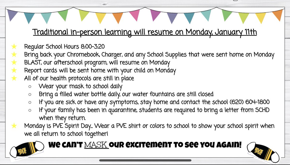PVEPioneers's tweet photo. We have a few more reminders for our Pioneers.  We are looking forward to seeing everyone back at school on Monday! https://t.co/sBCrH15umH