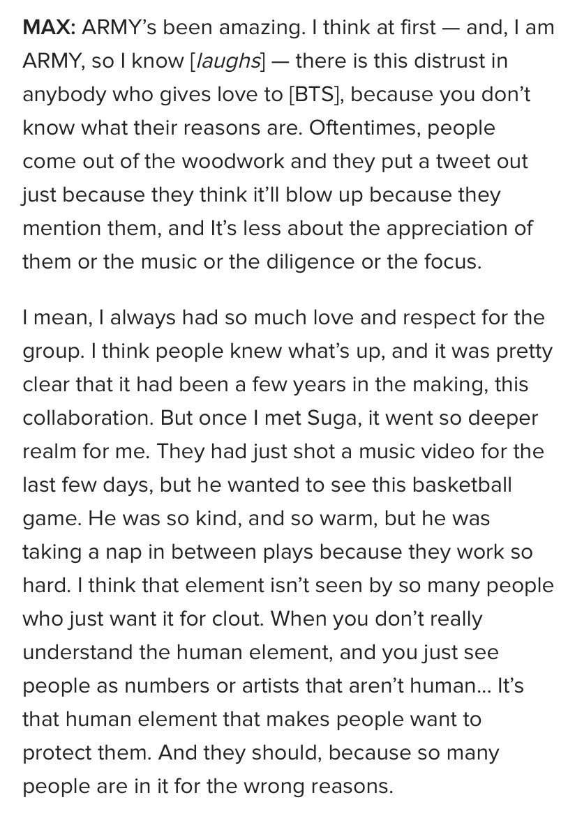 Max always talks about and mentions ar/my too and says he can see how the group get taken advantage of and are used for clout.