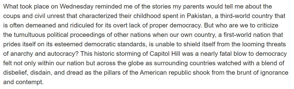 Student perspective: Camarillo High School senior Shahbano Raza, managing editor for school newspaper The Stinger, wrote an op-ed about Wednesday's events at the U.S. Capitol. 

This part particularly stuck out to me:
achsstinger.com/74934/opinions…
