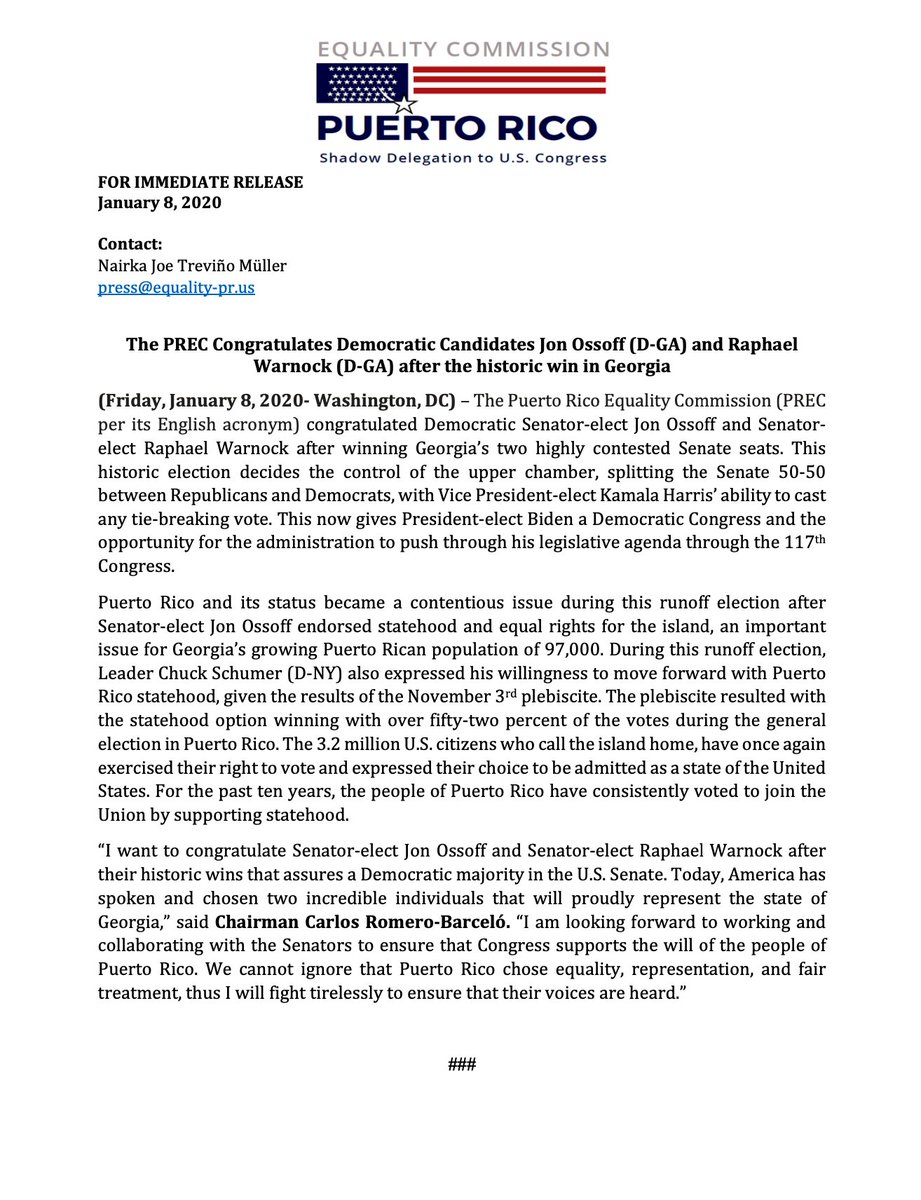 PRSC51's tweet image. The PREC Congratulates Democratic Candidates Jon @ossoff  (D-GA) and @ReverendWarnock (D-GA) after the historic win in Georgia