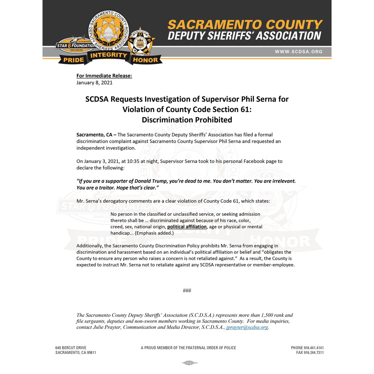 SACDSA's tweet image. For Immediate Release: SCDSA Requests Investigation of Supervisor Phil Serna for Violation of County Code Section 61: Discrimination Prohibited