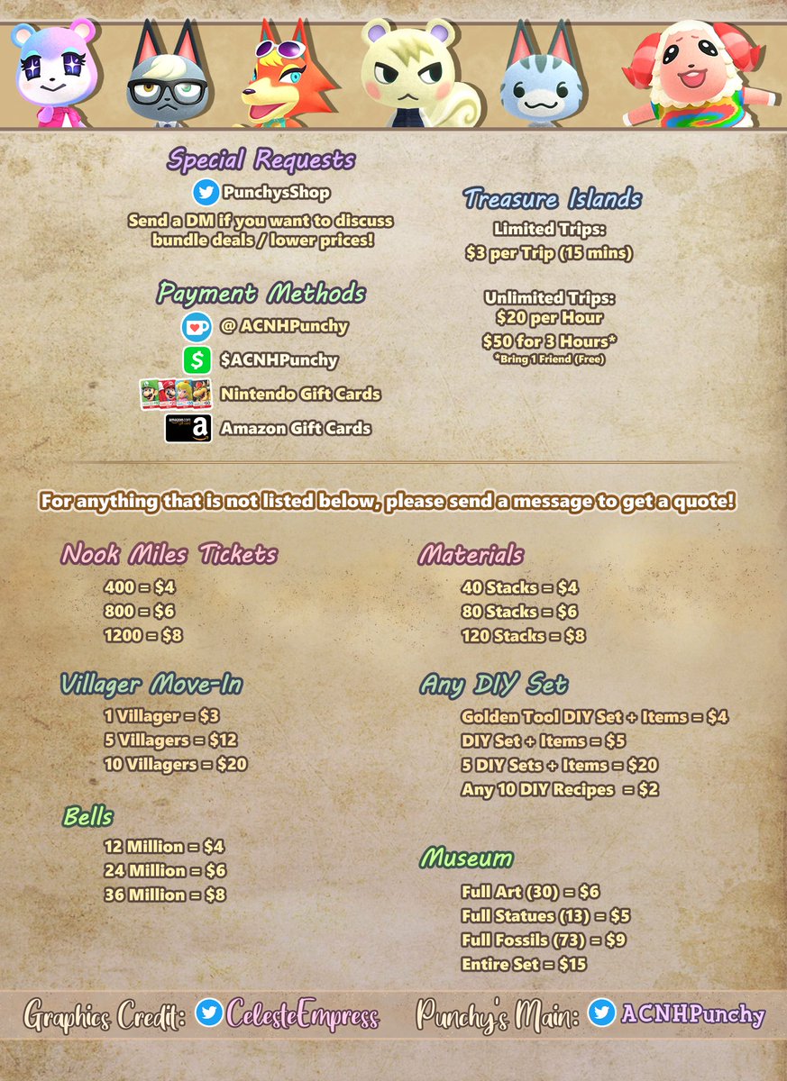 PunchysShop's tweet photo. I'll schedule paid trips tomorrow 1pm-8pm (UTC-7) so send me a DM if you're interested! Let me know if you want a private trip!

Which island should I host?
A: Materials
B: Seasonal
C: Treasure

Vote in tweet below!⤵️

#acnh #animalcrossing #acnhtrades #dodocode #acnhgiveaway https://t.co/qt0NYznl7x