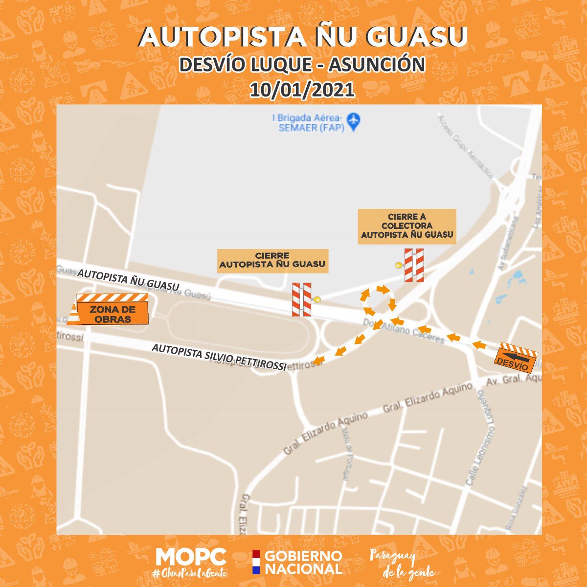 mopcparaguay's tweet photo. Este domingo 10 de enero, de 06:00 a 14:00, la Autopista #ÑuGuasu permanecerá clausurada al tránsito vehicular en ambos sentidos de circulación debido a obras que se ejecutarán en el lugar.
Toda la info 👉🏼 https://t.co/sAqU4hc0Ur
Plan de desvíos 👇🏼 https://t.co/EhTnxbvI6t