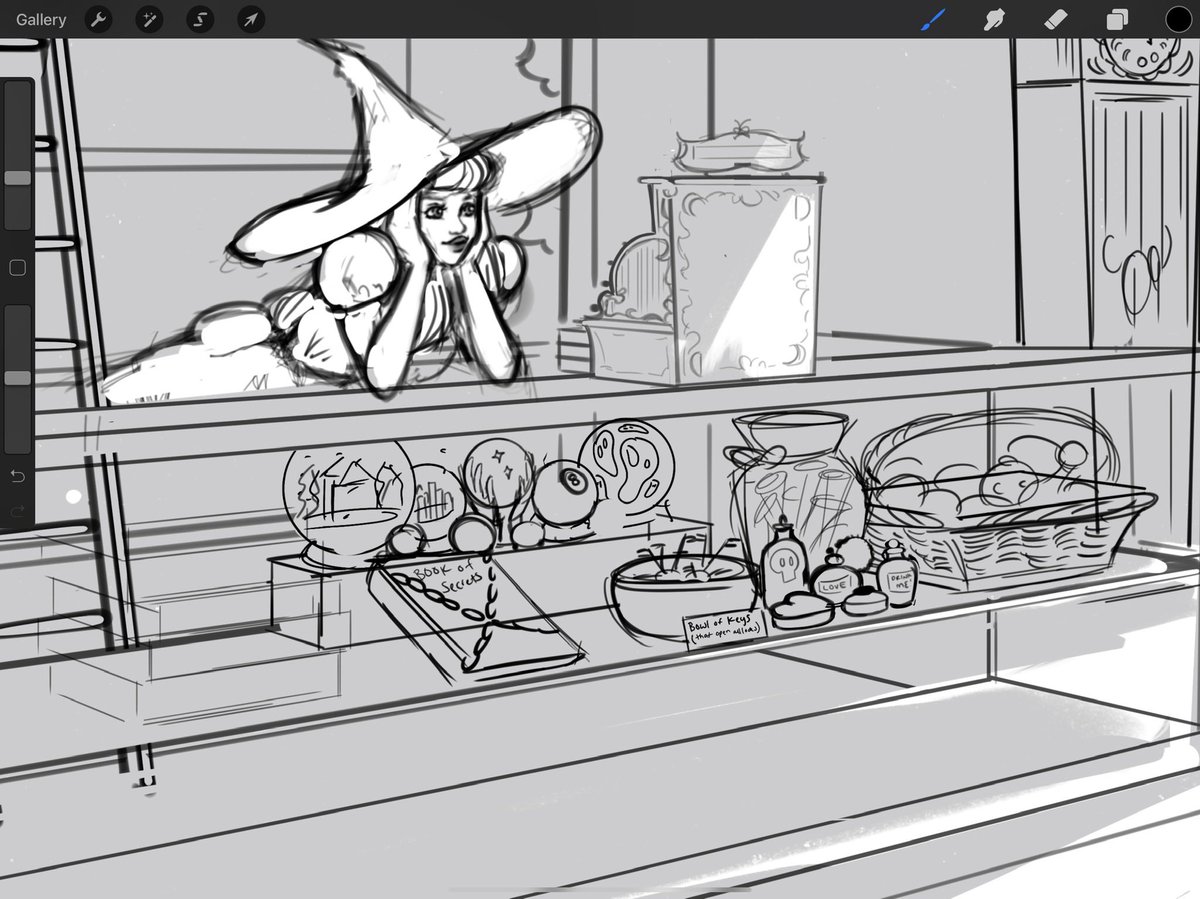 A ship in a bottle (don't shake it!!)
Various magical globes and balls
Bowl of keys that open any lock
Plant that grows butterflies
Monster in the cabinet that kitty likes to play with