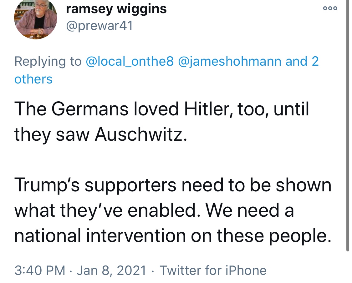 How can we continue together as the “United” States when half of the population is being compared to a person who murdered millions of people simply because they don’t agree politically? Twatter allowing this is dangerous.