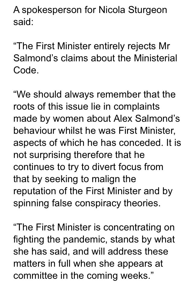 Response from Scotland’s First Minister’s spokesperson says Salmond is “seeking to malign the reputation of the First Minister and by spinning false conspiracy theories.”  @itvnews