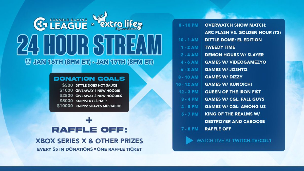 ConsoleGamingLG's tweet photo. CGL is raising money for @ExtraLife4Kids with a LOADED 24-hour stream!

We will be raffling off an #XboxSeries X and other prizes. Each $5 donation = 1 raffle ticket!

🎁 https://t.co/Gp0RRT9vQN
📅 1/16 8PM ET
📺 https://t.co/Ah8lKkq6zr https://t.co/Prcl27ochT