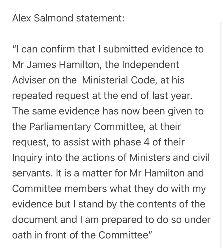 Response from Scotland’s former First Minister, Alex Salmond, says he will “stand by the contents of the document and I am prepared to do so under oath in front of the Committee.”  @itvnews