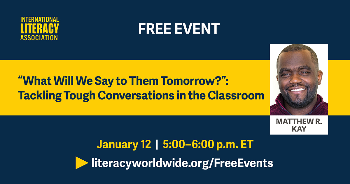 Are you unsure how talk with students about the recent violence that occurred in Washington, DC? Join us as <a href="/MattRKay/">Matthew R. Kay</a> leads a free, interactive webinar to help educators plan for and facilitate these challenging discussions with students. 
bit.ly/ILA_TacklingTo…