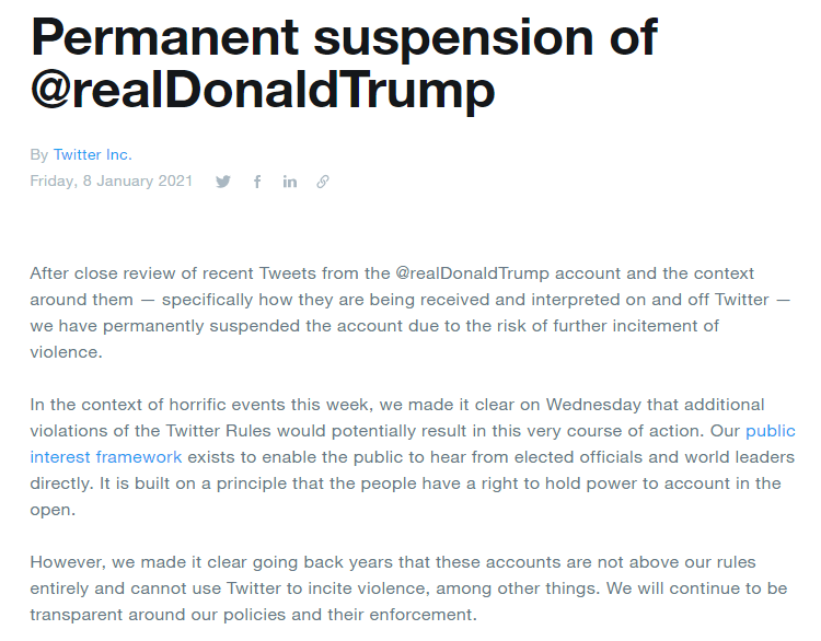 BNONews's tweet photo. Twitter's statement on banning @realDonaldTrump: "We have permanently suspended the account due to the risk of further incitement of violence" https://t.co/LxIMGg812J