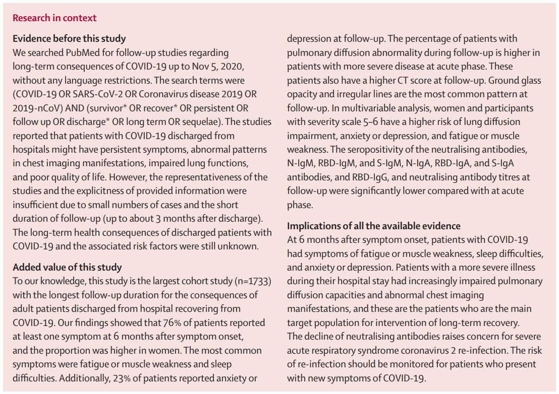 TheLancet's tweet photo. NEW—76% of 1,733 #COVID19 patients diagnosed in #Wuhan had at least one symptom six months after symptom onset; fatigue or muscle weakness and sleep difficulties were the most common symptoms, followed by anxiety or depression. Read the full study: https://t.co/L3HrbimfJQ https://t.co/rvNdD0aBC8