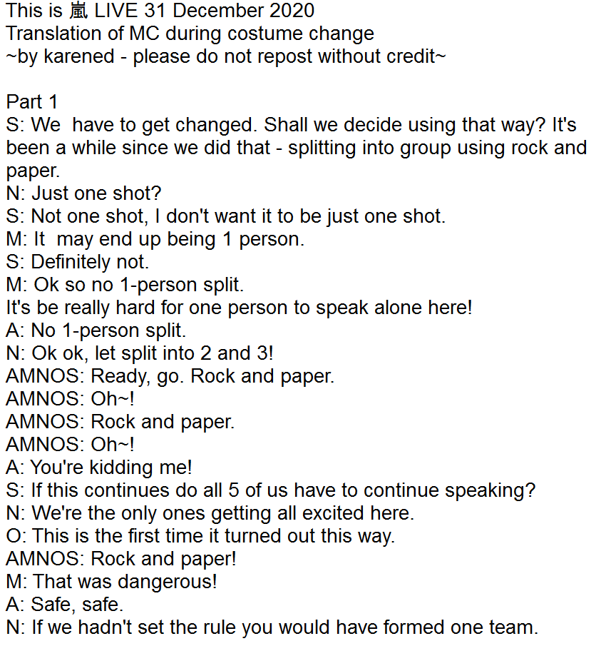 arashickarened's tweet photo. Translation of the #Thisis嵐Live 31 Dec 2020 concert MC during the costume change.

This is probably obsolete since the official subs are out (awesome!!) but a friend wanted them and it's not the tear-inducing bits so here it goes~ 

Parts 1-4/10

#ARASHI #嵐 #ThankYouARASHI https://t.co/F9zsOwn8jj