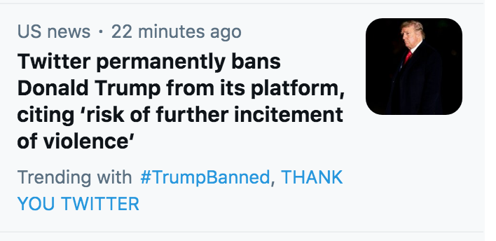 Shantisos's tweet photo. Thank you Twitter for permanently banning Donald Trump! It's about time! https://t.co/EbeDJfuaT7