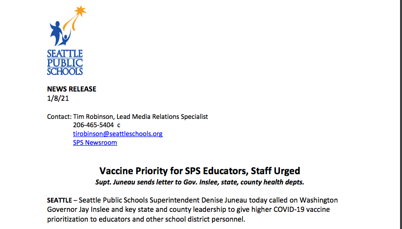 SeaPubSchools's tweet photo. #SPSNewsRelease: @SeattleSupt today called on @GovInslee, @KCPubHealth, @WADeptHealth to give higher COVID-19 vaccine prioritization to educators, school district staff in alignment with @ChallengeSeaWA's recommended recovery plan: https://t.co/GZGdLrhtQc #VaccinesForTeachers https://t.co/kGl521ewTf