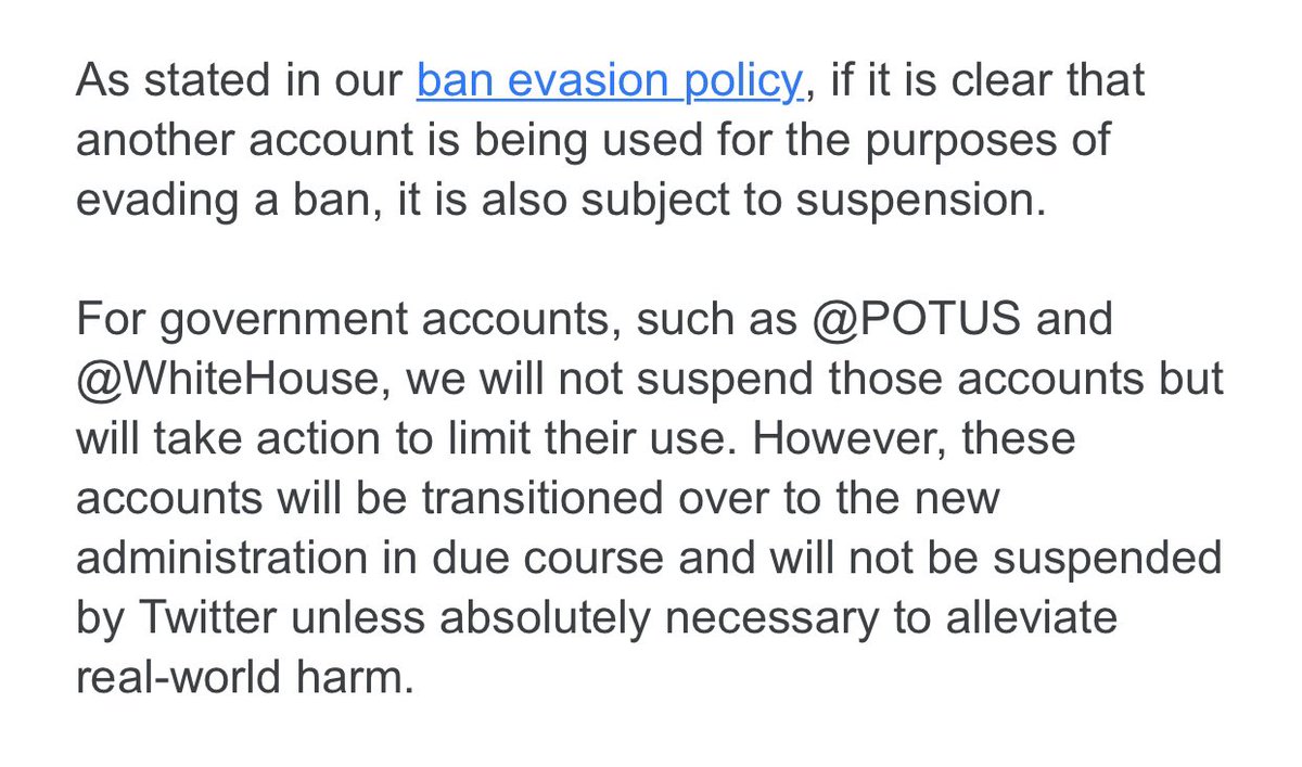 NEW: Twitter will “take action to limit the use” of  @POTUS and  @WhiteHouse if it becomes clear President Trump is using them to evade his permanent ban.