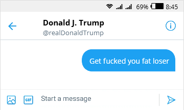 TheCaptainSauce's tweet photo. Yo @realDonaldTrump why aren't you replying to my DMs? Rude 😡 https://t.co/sxWZAGysgn