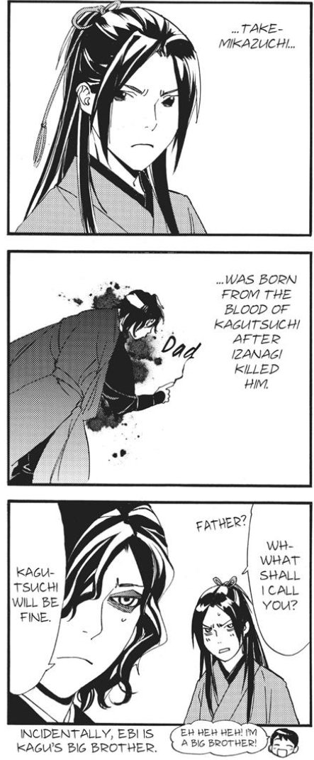 2/Izanagi was so angry that he cut off Kagutsuchi's head, then sliced his body into eight pieces, which became eight volcanoes. Takemikazuchi and other deities were produced from the blood on his sword. After Kagutsuchi's decapitation the story continues and from...