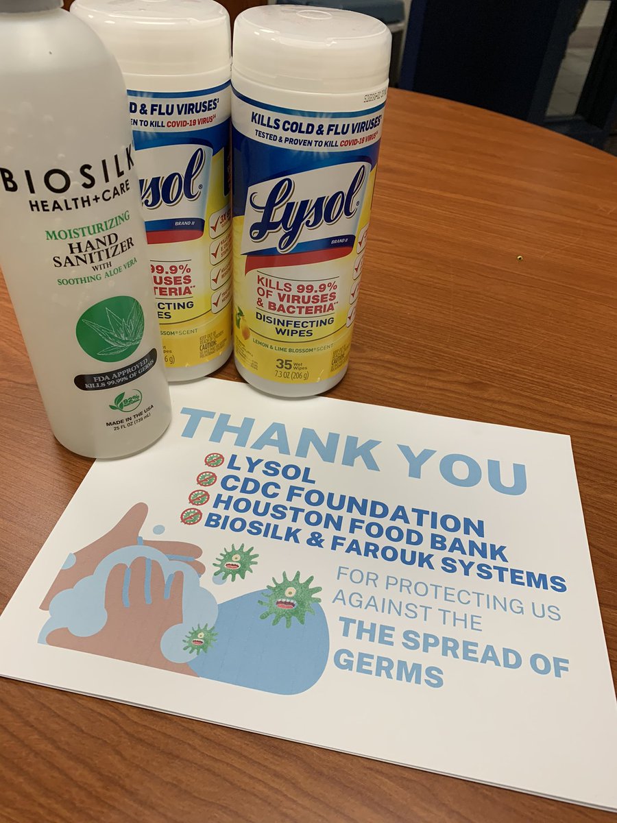 counselortechie's tweet photo. A BIG THANK YOU to @lysol @cdcfoundation @farouksystem for helping protect our @BMSPatriots Ss and Ts from germs! Our Ts were excited and grateful! #lysol #cdcfoundation #biosilk @successgirl2011 @COREYLEDAY @SpringISD @jarrodgcollins @CDB_Educates @HoustonFoodBank https://t.co/Qi2gW2N6Lm
