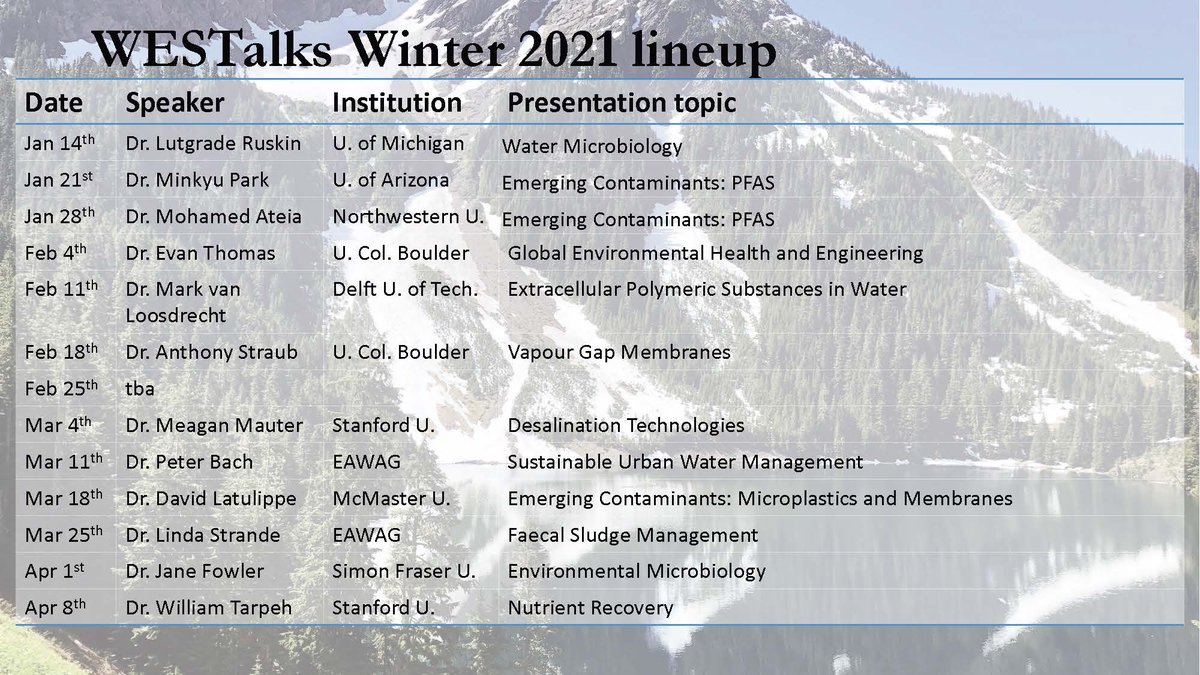KarlZimmerman17's tweet photo. With great excitement, we announce the Winter 2021 #WESTalks lineup, in collaboration with @ICIMPACTS and @UBCFutureWaters. Weekly seminars related to #Water and the #Environment with speakers from around the globe. PLEASE SHARE. Register for free: https://t.co/Bik5pTq4hM https://t.co/TGqZQ2MFKh