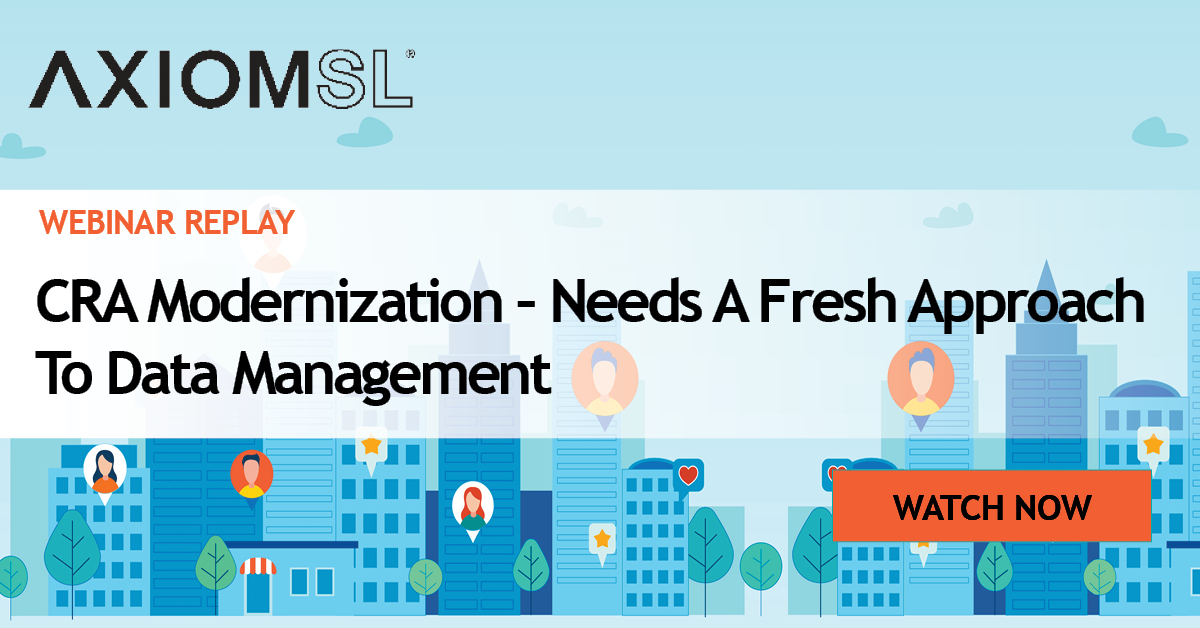 As the #CRA modernization deadline approaches, learn from AxiomSL and <a href="/Deloitte/">Deloitte</a> how to tackle the new challenges of data collection, assessment area delineation, and record-keeping.  Watch now: bit.ly/2LA4You