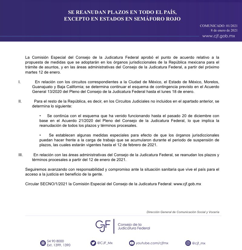 #Comunicado La Comisión Especial del CJF aprobó reanudar plazos a partir del próximo 12 de enero, excepto en aquellas entidades con semáforo rojo.

La CDMX, Estado de México, Morelos, Guanajuato y Baja California continuarán con el esquema de contingencia hasta el 18 de enero 👇🏼
