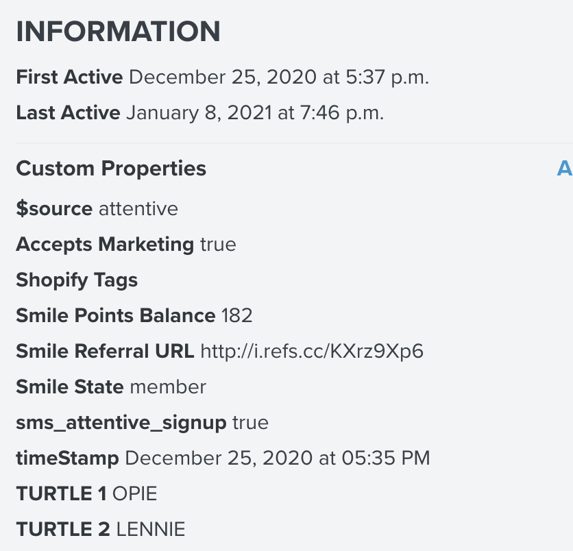 Another major key: this data syncs to klaviyo as a custom property. So we can segment users who have tracked a specific turtle & give them updatesAND! We can assume that people with 0 purchases, but a tracked turtle are from retail stores.