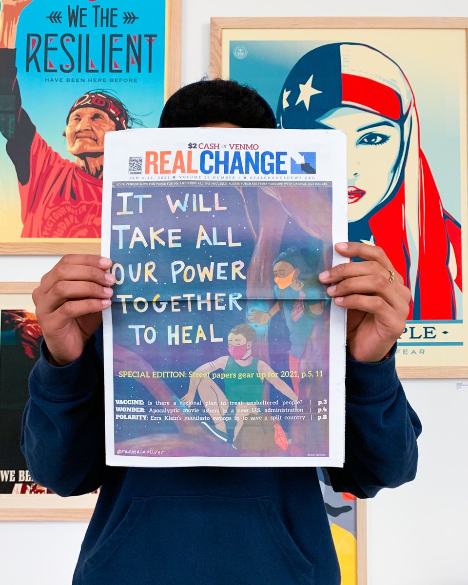 We’re so excited to see this artwork by @ruemaiaoliver featured on the cover of @RealChangeNews this week! Seattle friends, pick up a copy of this beautiful and timely issue!