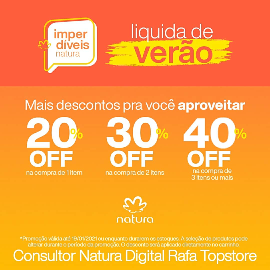 RafaTopStore1's tweet image. Aproveite o liquida de verão Natura com promoções imperdíveis na compra de 1,2,3 ou mais itens. Quanto mais itens você comprar, mais descontos você ganha. 
acesse o meu espaço Digital Natura e boas compras. A natura entrega em qualquer lugar do Brasil. 👇
natura.com.br/consultoria/ra…