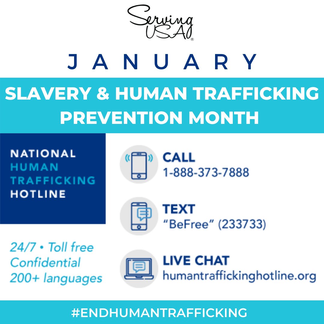 Serving_USA's tweet photo. #SlaveryHumanTraffickingPreventionMonth works to bring awareness to modern day slavery and fight for all persons being trafficked globally. Do your part by supporting local nonprofits fighting to break these statistics through donations, volunteerism and awareness. https://t.co/jxUXA6qJNQ