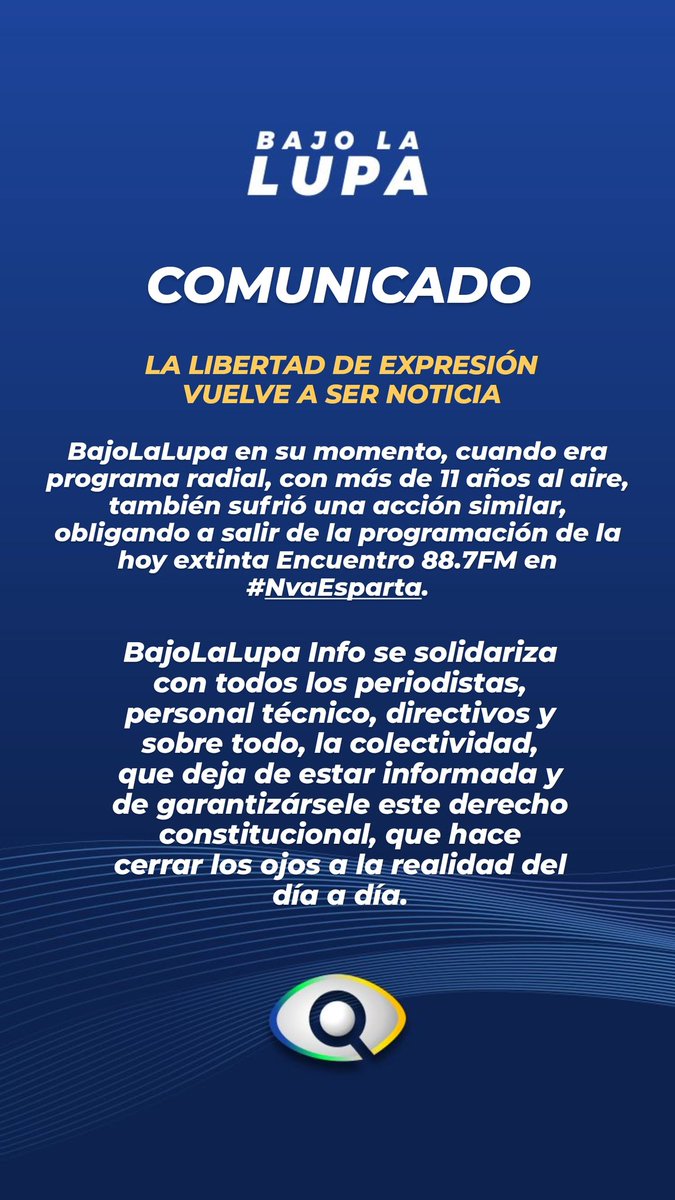 BajoLaLupaInfo's tweet photo. #Ahora COMUNICADO A LA COLECTIVIDAD: "La libertad de expresión vuelve a ser noticia en Venezuela" #08Enero @VPITV @diariopanorama https://t.co/s2WgTzqCvE