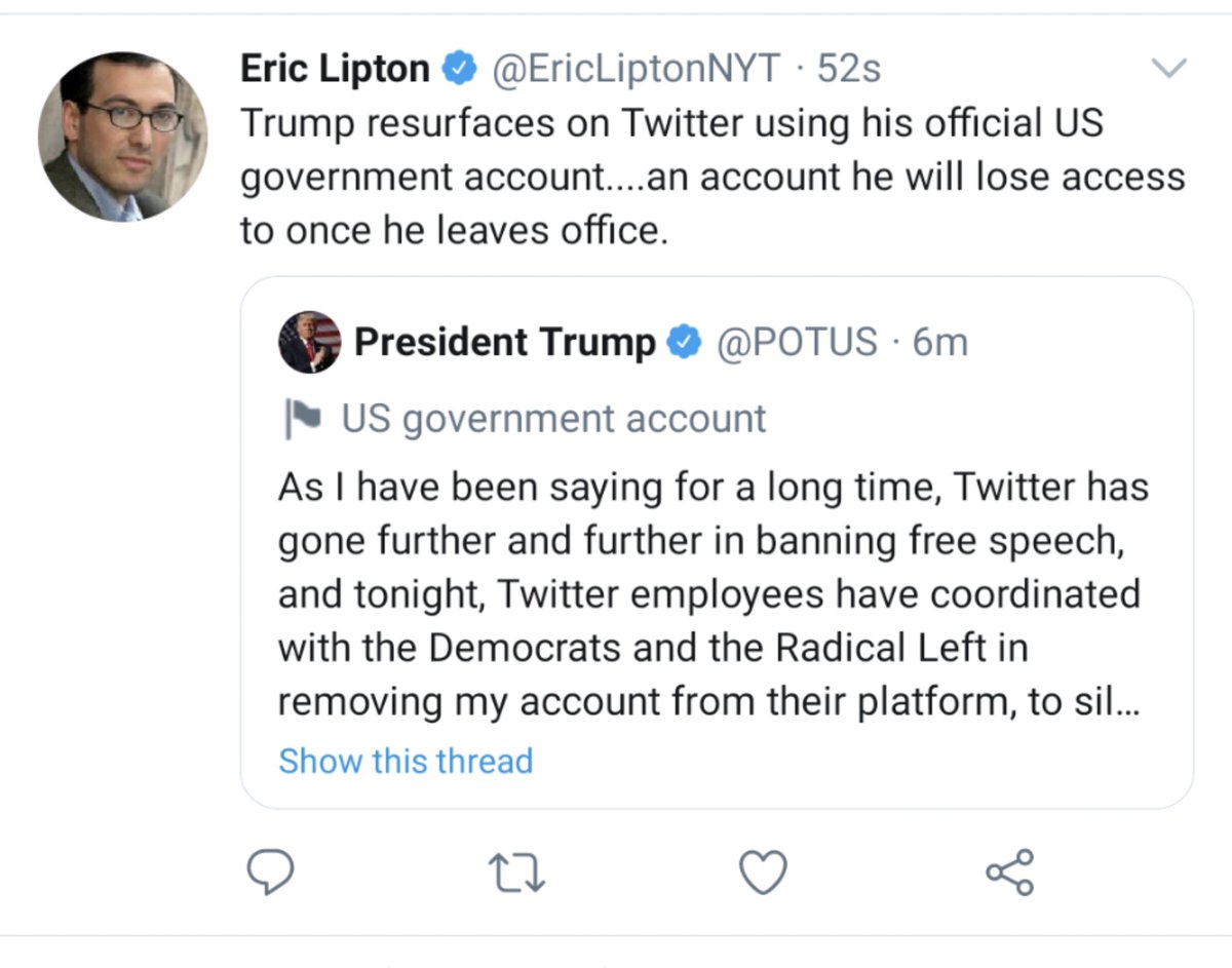 EricLiptonNYT's tweet image. Trump tried to circumvent Twitter's ban by using his official presidential Twitter account. Within minutes the tweets there disappeared too