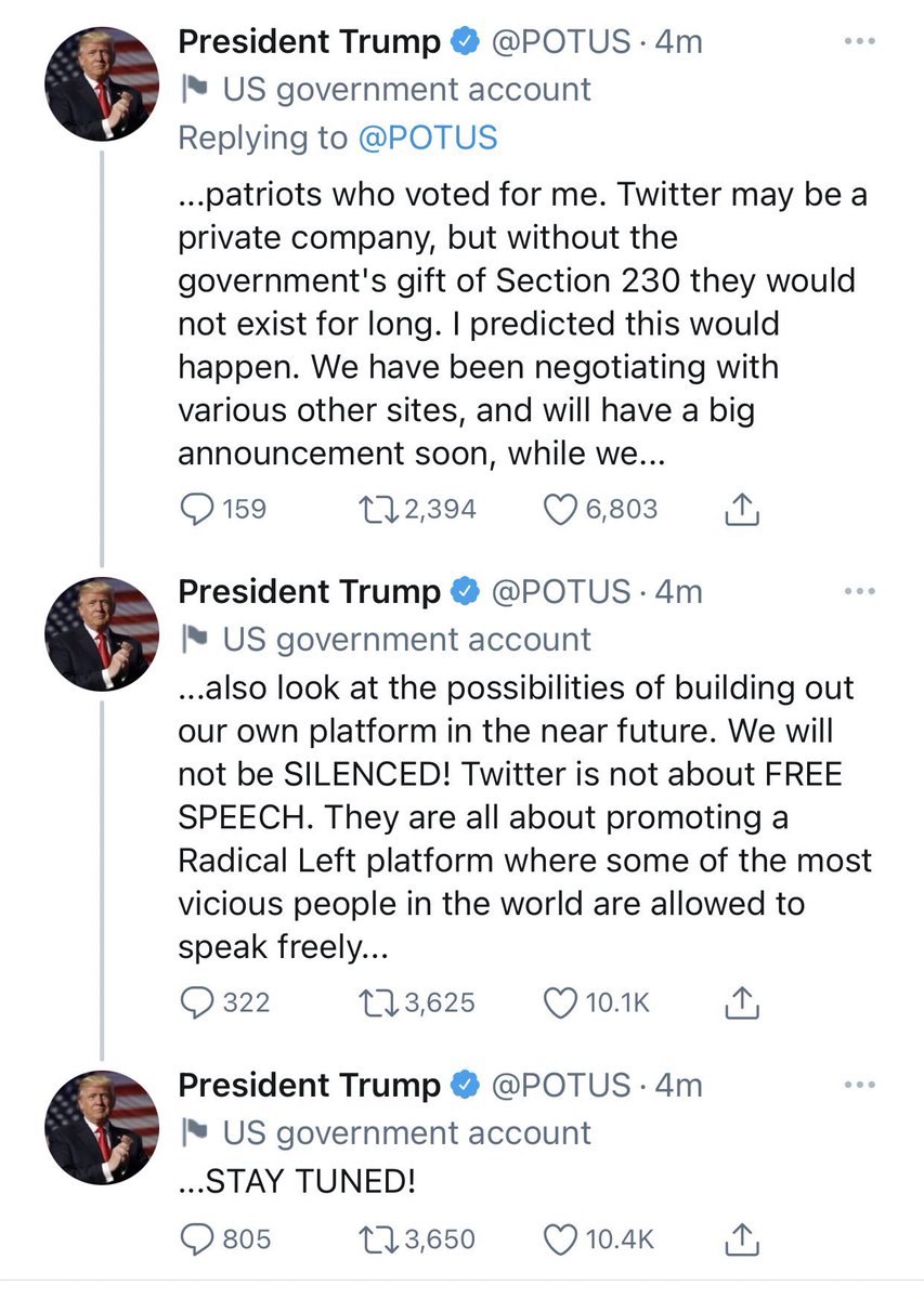 And oh yeah: lots of ppl in the comments told me he still had  @POTUS account. Nope! They just banned him from there too & wiped out his tweets. Someone wanna show me the glorification of violence in these? Or is it cuz it makes them look bad & they don’t agree with it? Scary.