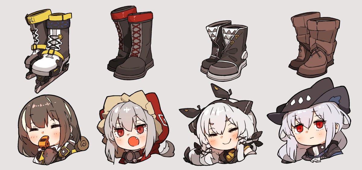magallan (arknights) ,skadi (arknights) multiple girls 4girls red eyes boots mask around neck brown hair simple background  illustration images
