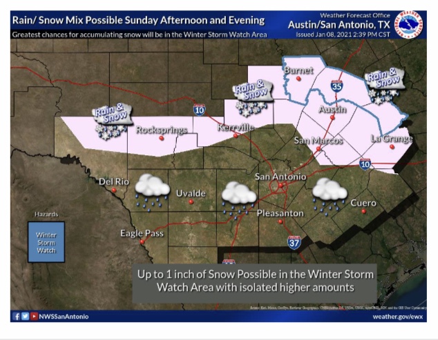 BastropCntyOEM's tweet image. A strong cold front and upper level low will move through late Saturday night through Sunday night. As cold air moves in behind the front, a rain/snow mix is possible with amounts of 0.25 to around 1.00 inch is possible. No accumulation of snow is likely in Bastrop County.