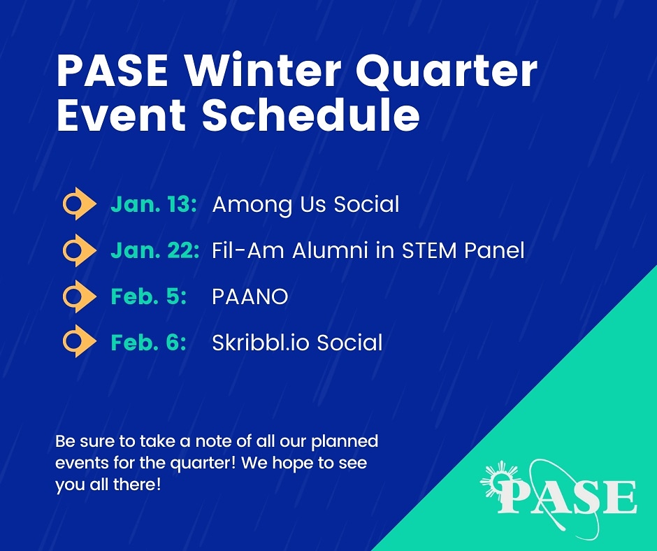 joinPASE's tweet photo. Hello, everybody! I hope your week one went successfully and that we're all staying well and healthy. Here are the dates of events that PASE will be hosting this quarter! Follow us at @joinPASE on instagram, twitter, and snapchat for more updates :D https://t.co/KmBlN32UEj