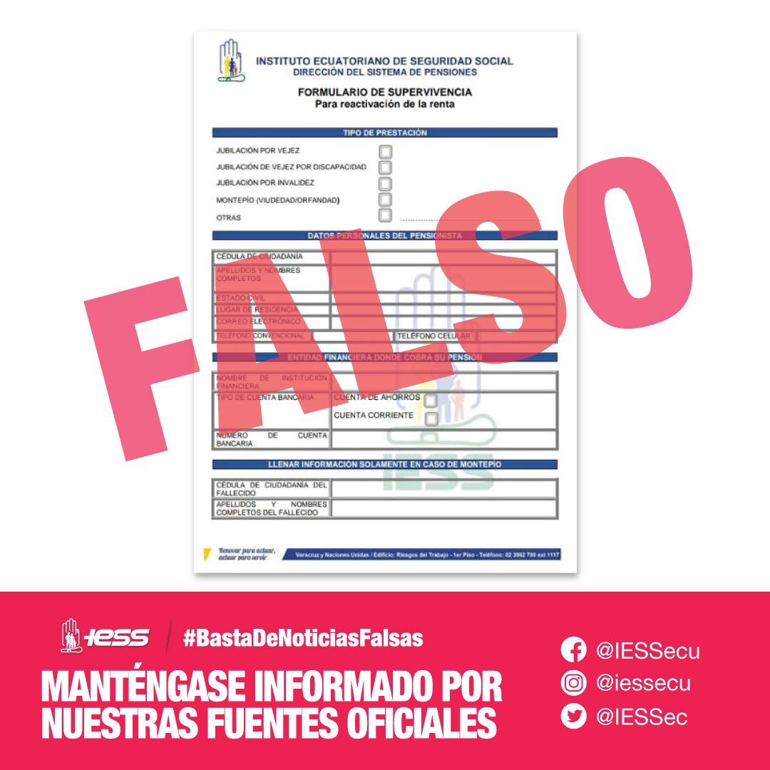 #IESSComunicadoOficial | Ante la información falsa que circula en redes sociales sobre un formulario de supervivencia, indicamos a nuestros pensionistas y ciudadanía en general que este trámite es automático y no necesita que se lo realice en ningún Punto de Atención del IESS.