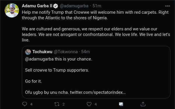 Trump has received an invite from Nigeria to join their Social Media Platform.... No news yet of needing banking credentials to join.