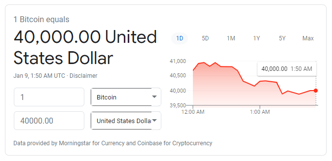 Google search results suggest 1 BTC is worth exactly $40000.00. A very round number...