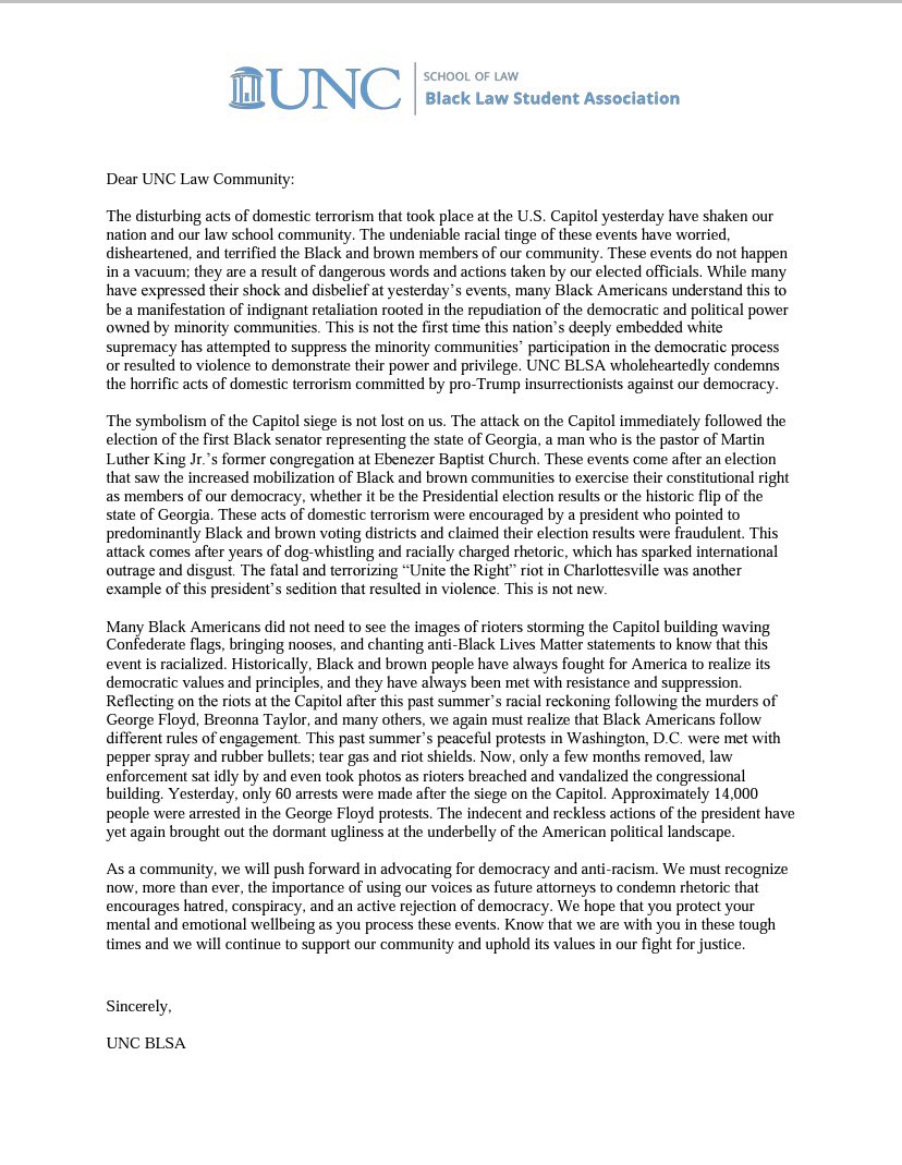 Please see BLSA’s statement on the siege of the Capitol. As an organization and a community we condemn these events that occurred this past Wednesday. These actions cannot be tolerated.