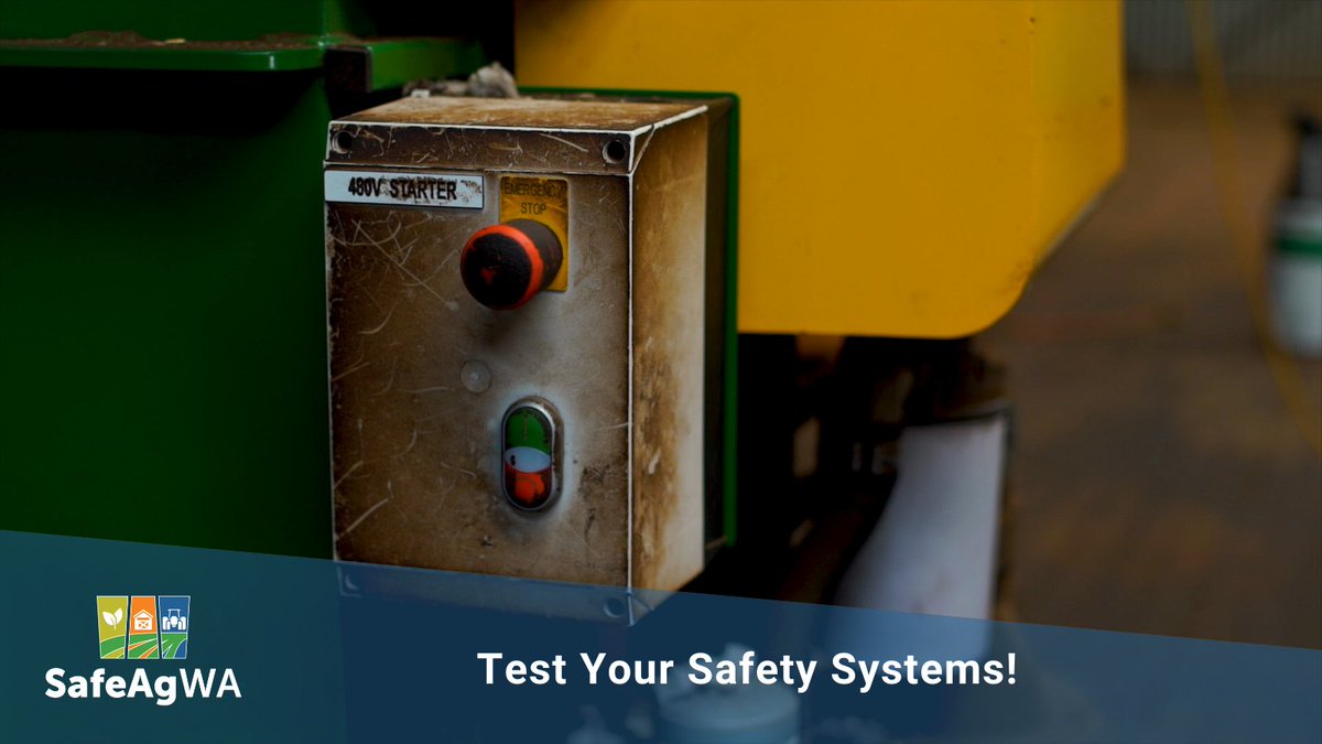 SafeAgWA's tweet photo. To ensure safety in your workplace, you should regularly test your machinery’s safety systems. Ensure your machinery is fitted with Emergency Stop systems and that they are working correctly.

Visit our website for more https://t.co/Y6Q0k2a4MC

#safeagwa #farmingwa #agriculturewa https://t.co/mz0ZWxaVVN