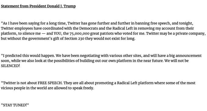 mgolingan1's tweet photo. President Trump responds to Twitter banning his account permanently https://t.co/IHqEmCkaz7