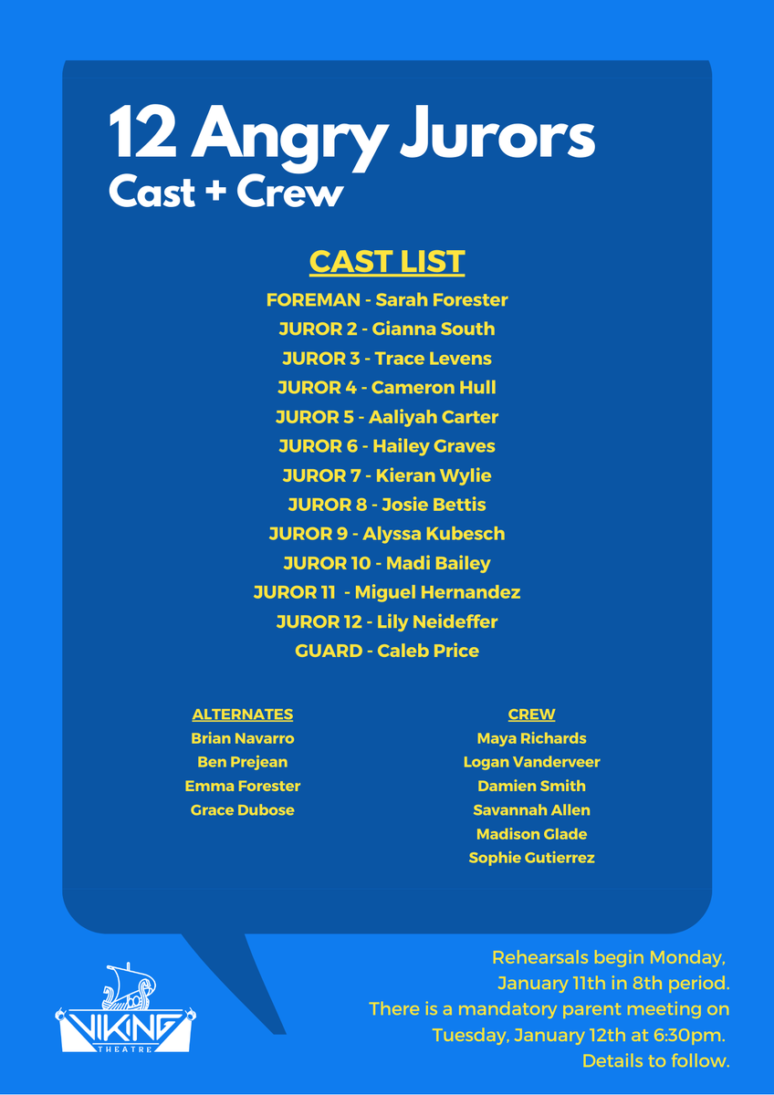 Congratulations to the cast and crew of this year's UIL One Act Play, Twelve Angry Jurors. Well done to all who auditioned this week.